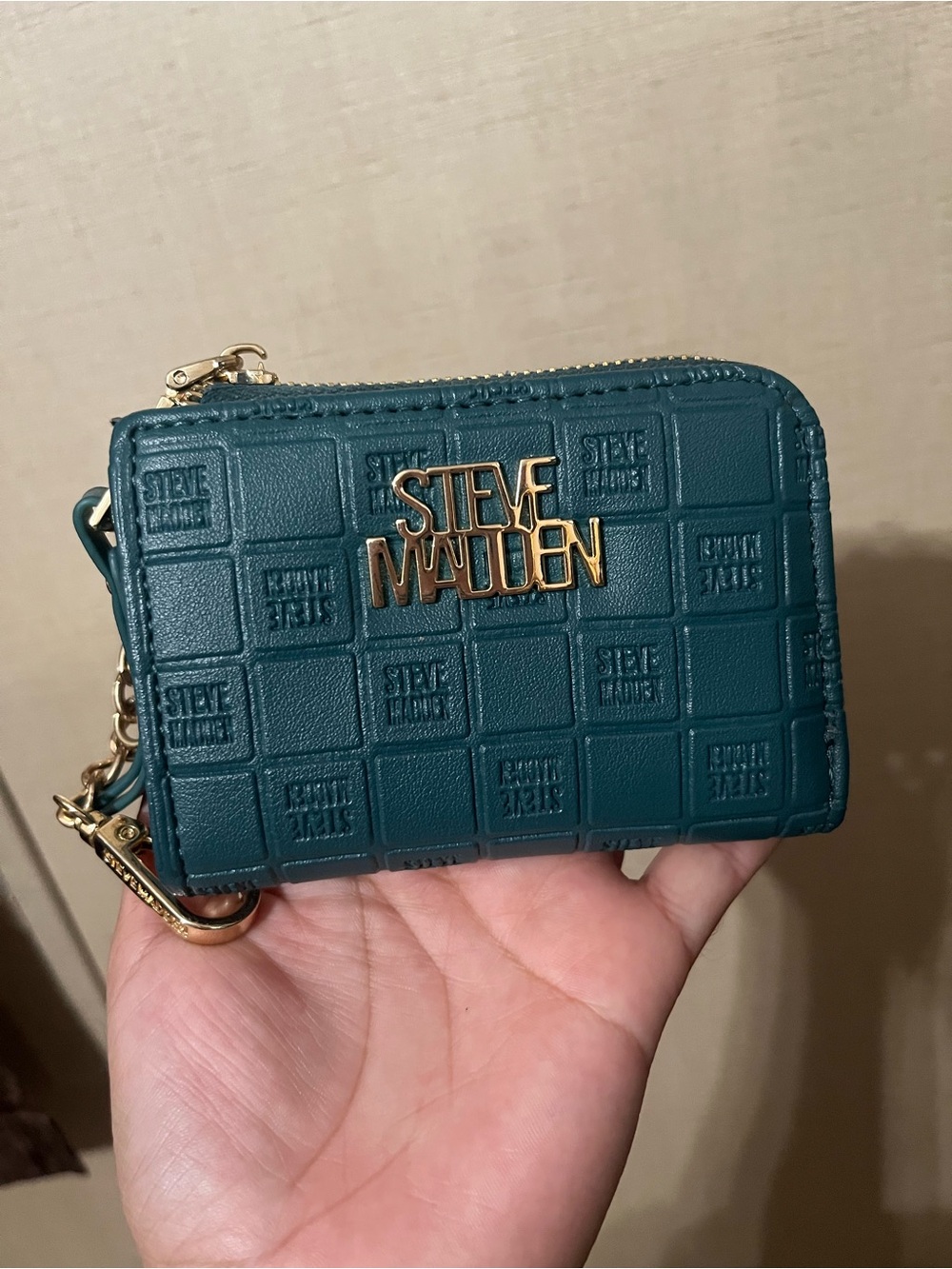 Steve Madden Teal Embossed Zip Card Case with Gold Logo